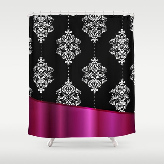 Artistic Magenta Shower Curtain with Metallic, Abstract, and Floral Pattern - Unique and Modern Bathroom Decor.