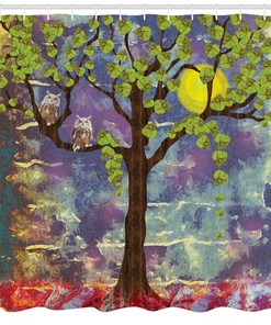 Artistic Night Owls Lemon Tree Leaves Full Moonlight Shower Curtain - Bohemian Bathroom Decor