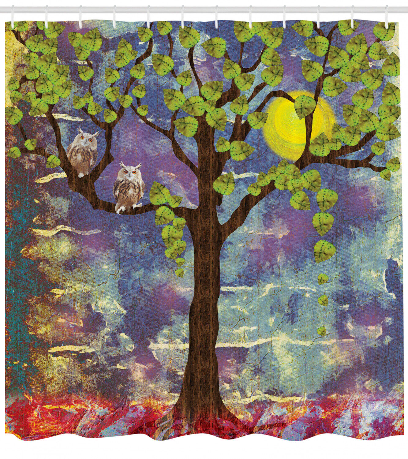 Artistic Night Owls Lemon Tree Leaves Full Moonlight Shower Curtain - Bohemian Bathroom Decor