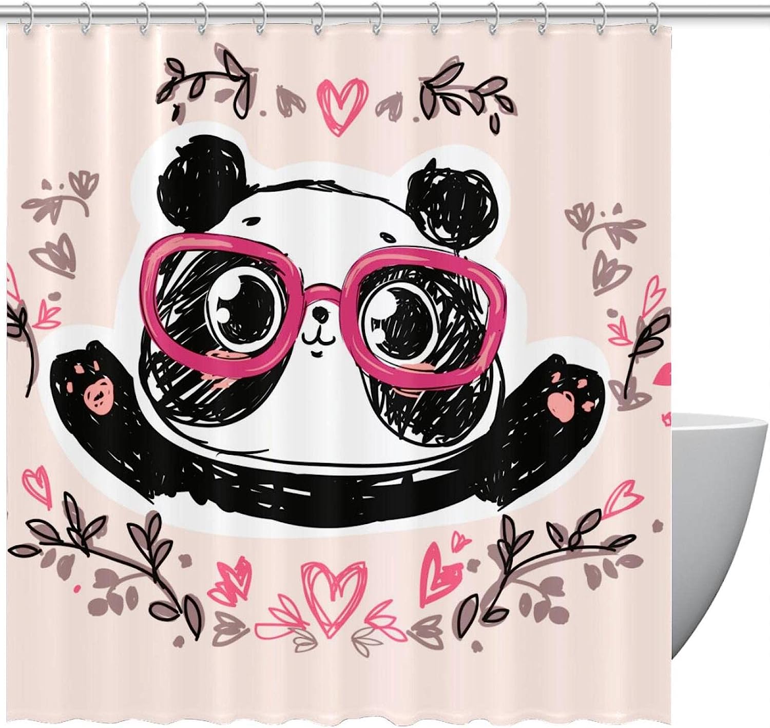 Artistic Panda and Leaf Design Shower Curtain for Bathroom
