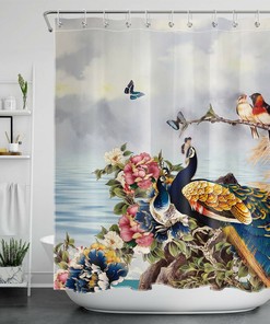 Artistic Peacock Nature Plant Flower Vintage Shower Curtain