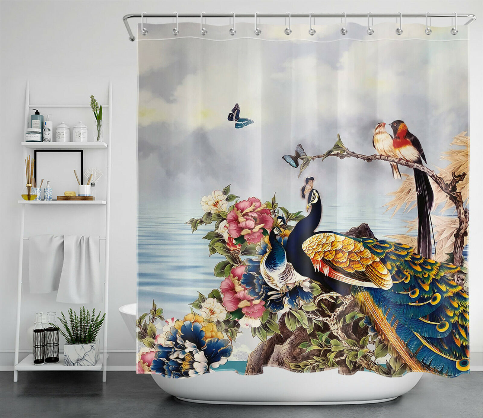 Artistic Peacock Nature Plant Flower Vintage Shower Curtain
