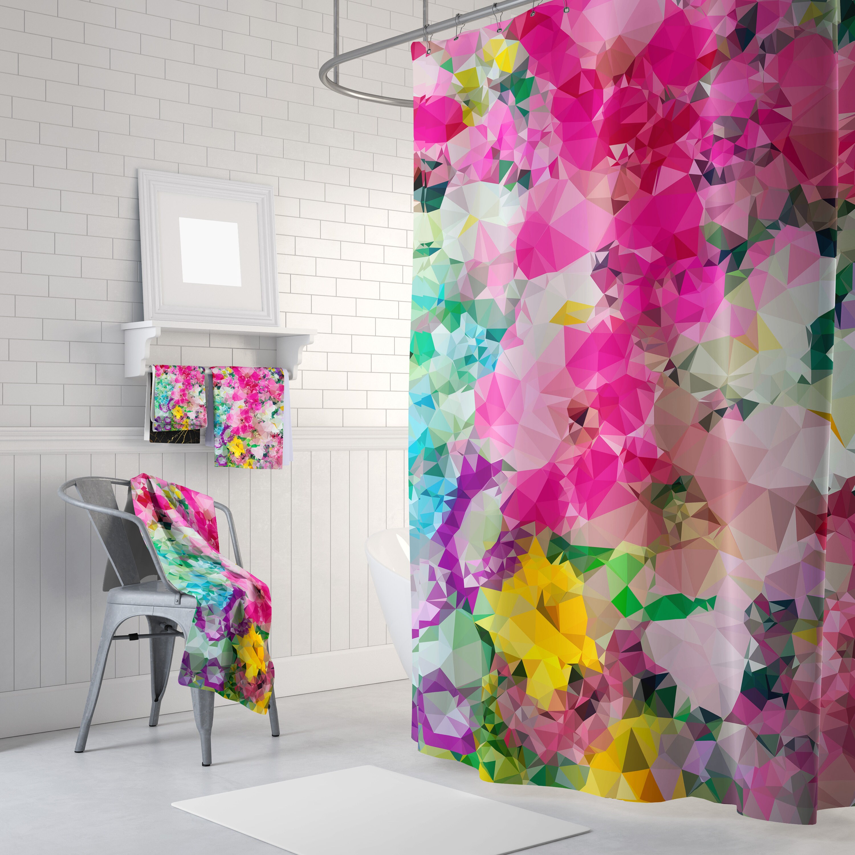 Artistic Pink Geometric Shower Curtain with Multi-Shape Patterns for a Contemporary Bathroom