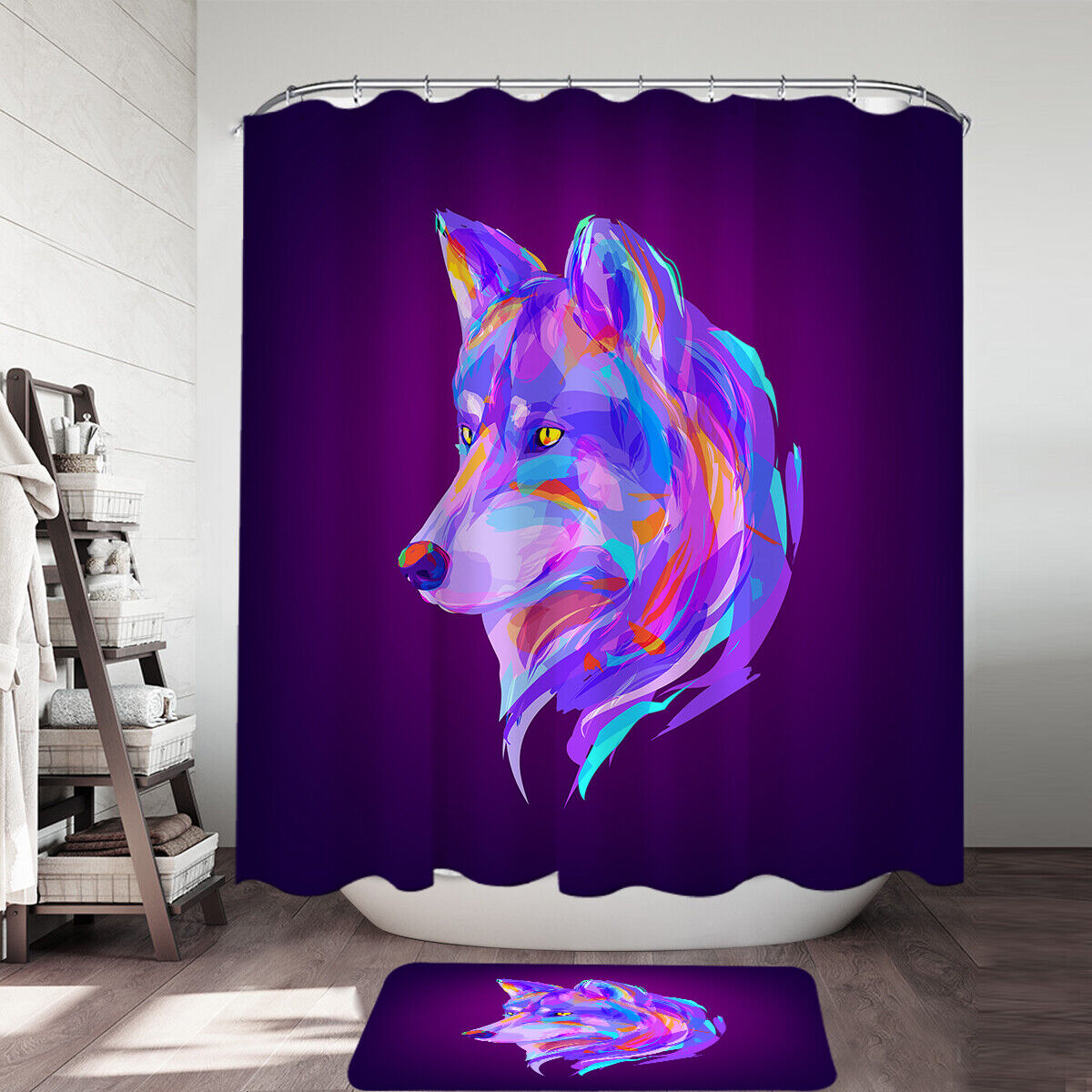 Artistic Purple Wolf Shower Curtain - Wild Animal Bathroom Decor