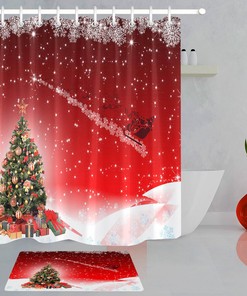 Artistic Red Shower Curtain with Mosaic and Polygon Flowers for a Creative Touch.