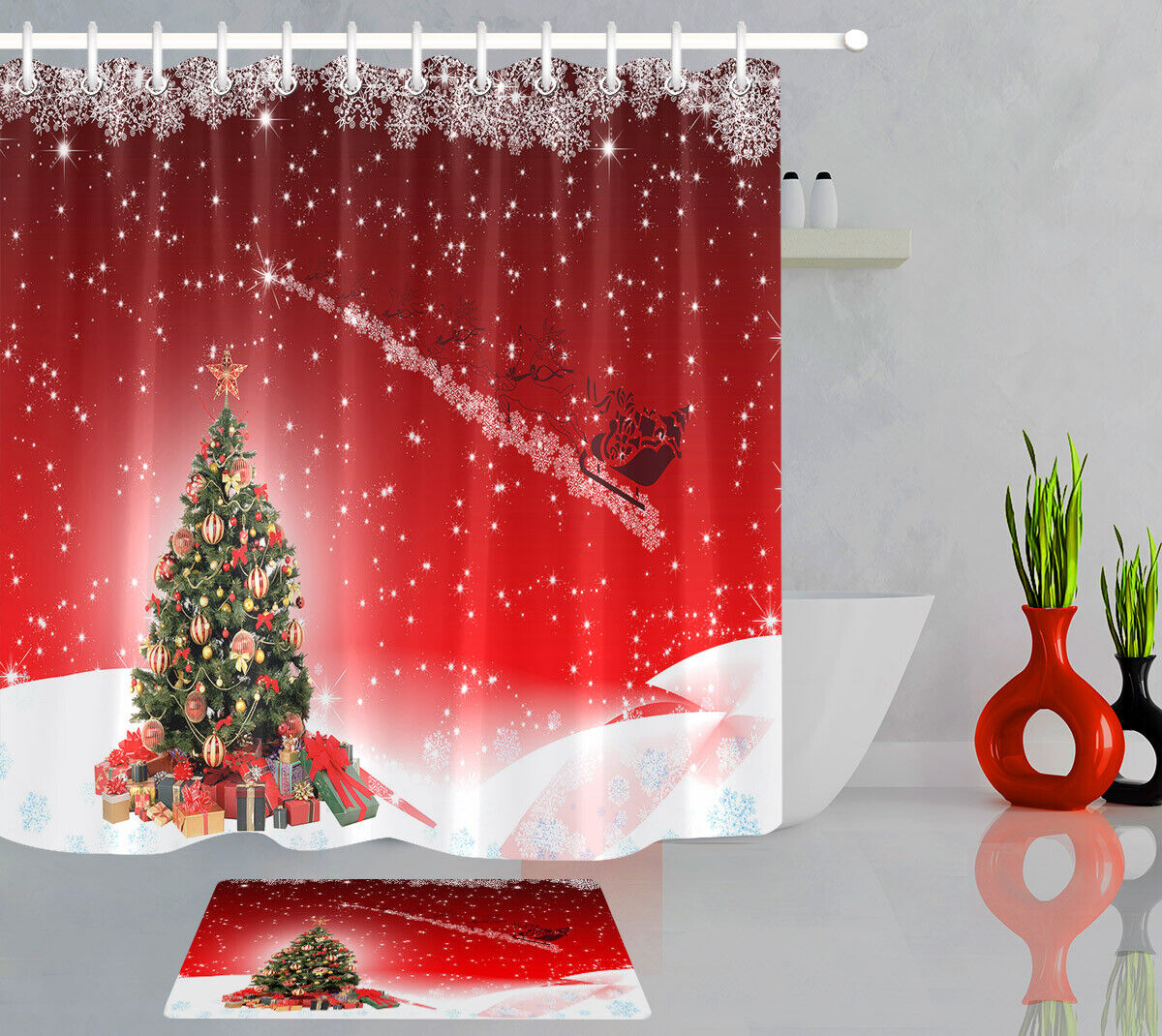 Artistic Red Shower Curtain with Mosaic and Polygon Flowers for a Creative Touch.