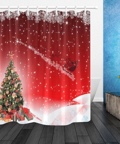 Artistic Red Shower Curtain with Mosaic and Polygon Flowers for a Creative Touch.