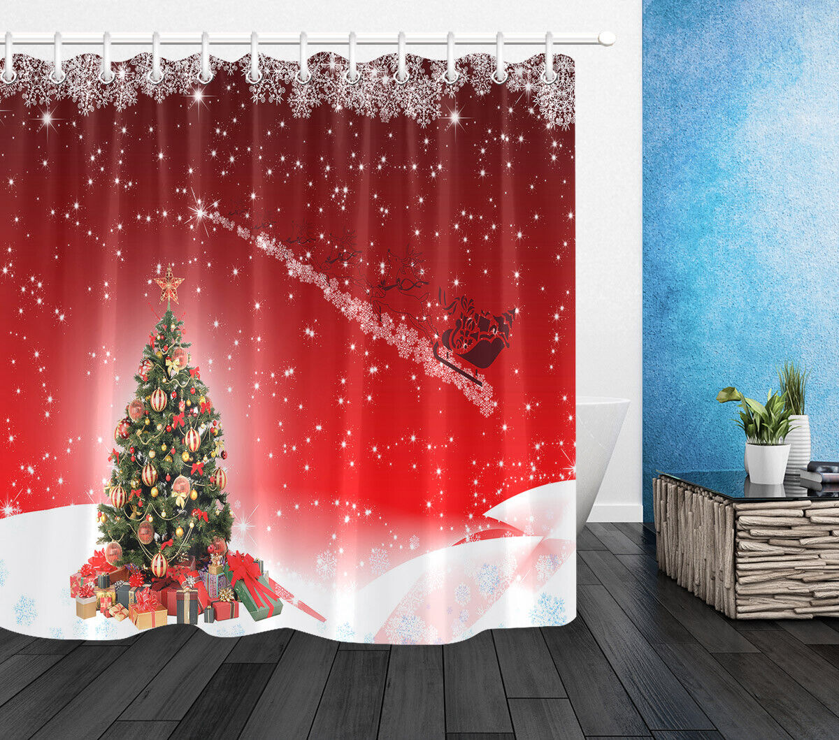 Artistic Red Shower Curtain with Mosaic and Polygon Flowers for a Creative Touch.