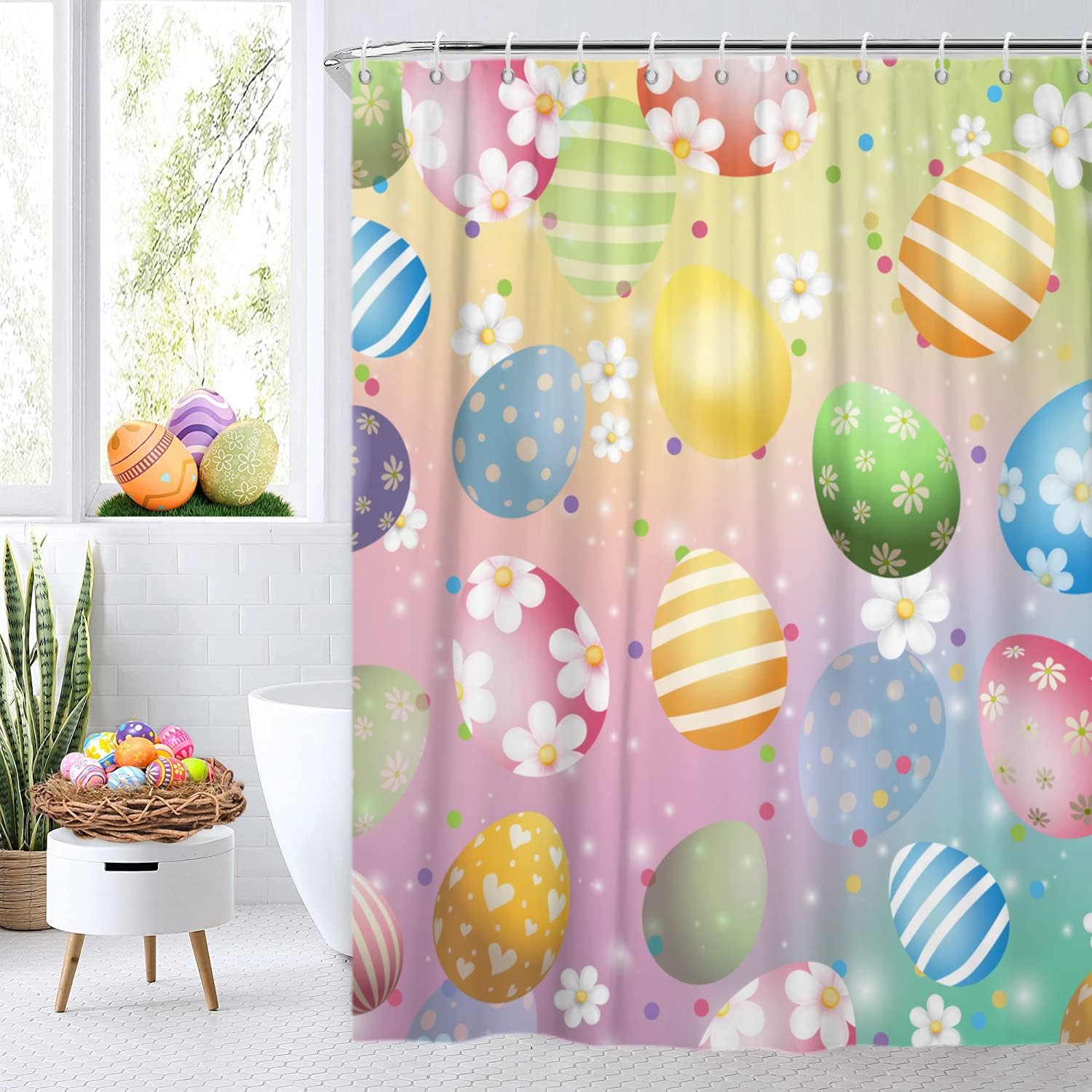 Artistic Spring Colorful Floral Easter Eggs Shower Curtain For Bathroom