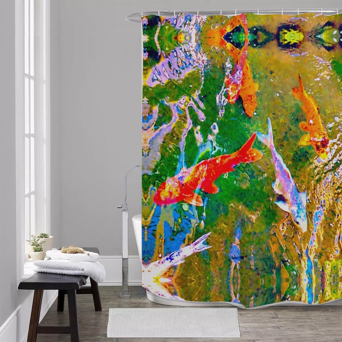 Artistic Watercolor Koi Fish Shower Curtain, Perfect for Oriental Bathroom Theme