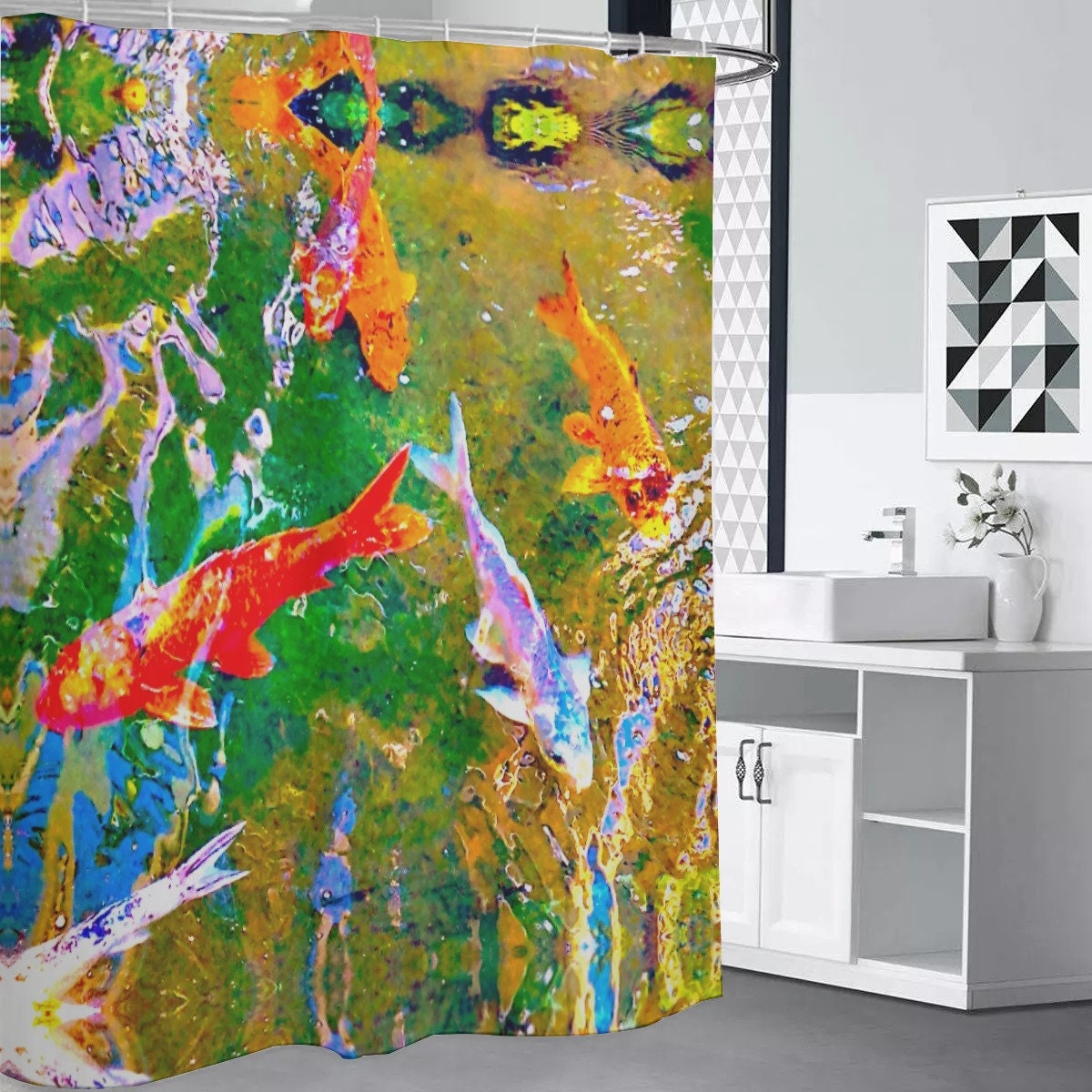 Artistic Watercolor Koi Fish Shower Curtain, Perfect for Oriental Bathroom Theme