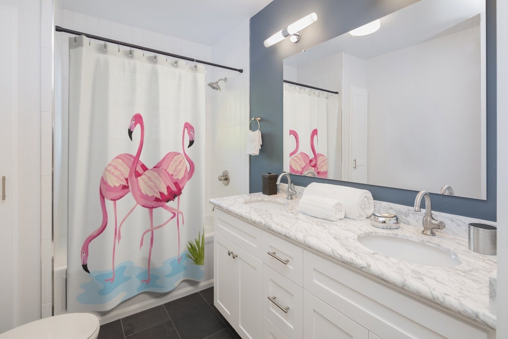 Artistic Watercolor Pink Flamingo Shower Curtain with Minimalist Bathroom Decor