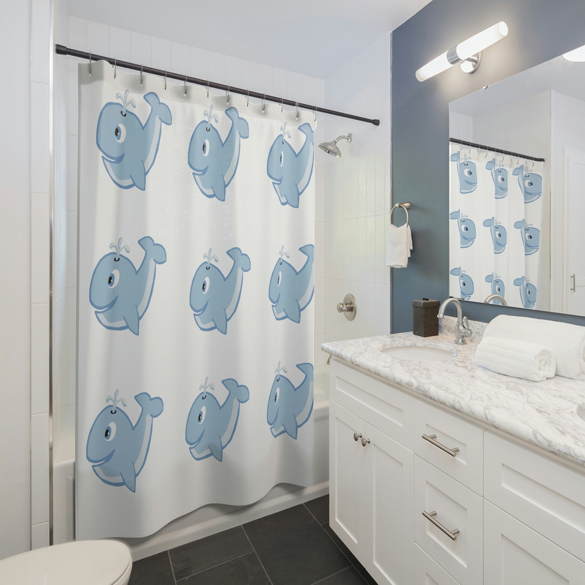 Artistic Whale Shower Curtain for an Eye-catching Bathroom