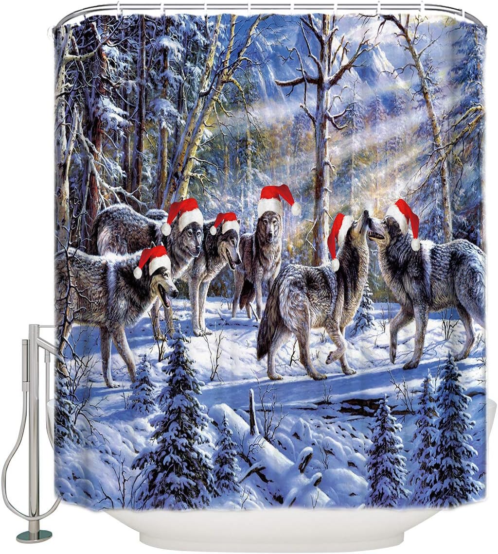 Arts Print Wolf Christmas Shower Curtain - Festive Wildlife Bathroom Accessory - Image 2