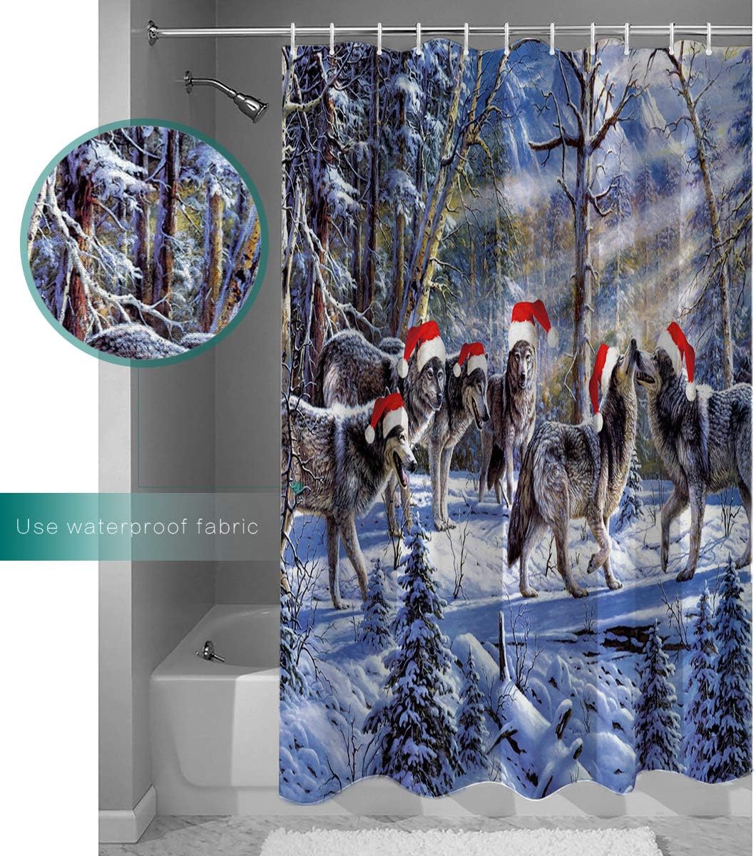 Arts Print Wolf Christmas Shower Curtain - Festive Wildlife Bathroom Accessory - Image 3