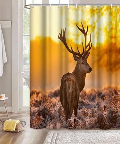 Artsbay Elk Shower Curtain - Wildlife Bathroom Decor With Sunset Landscape Print