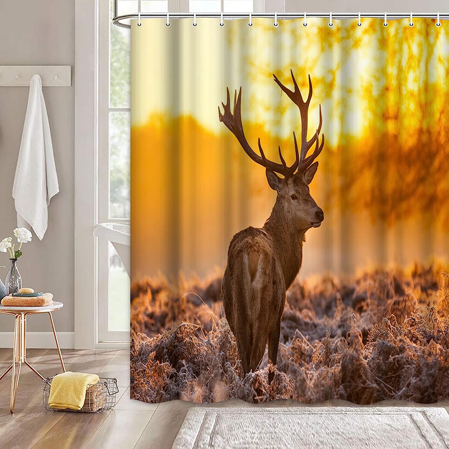Artsbay Elk Shower Curtain - Wildlife Bathroom Decor With Sunset Landscape Print