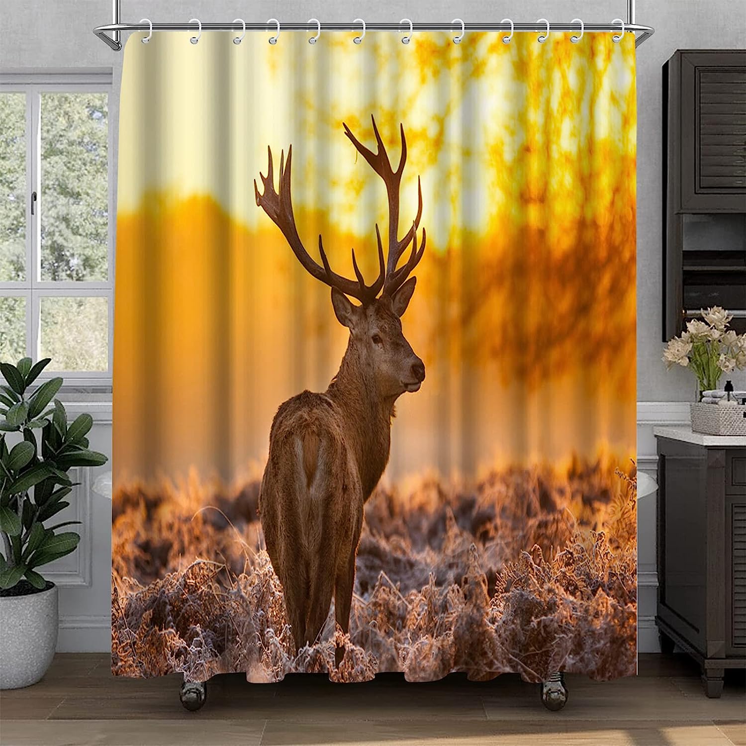 Artsbay Elk Shower Curtain - Wildlife Bathroom Decor With Sunset Landscape Print - Image 2