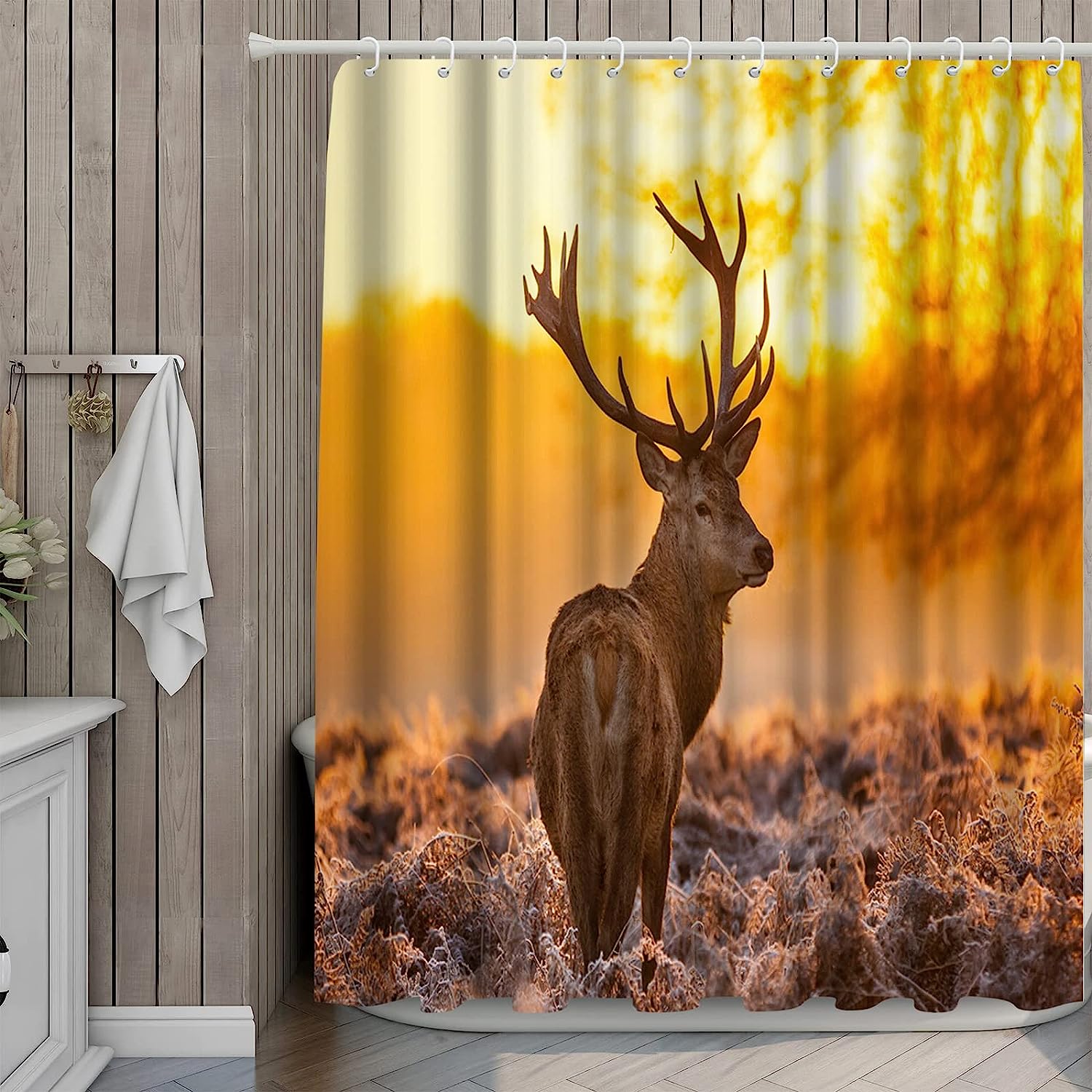 Artsbay Elk Shower Curtain - Wildlife Bathroom Decor With Sunset Landscape Print - Image 3