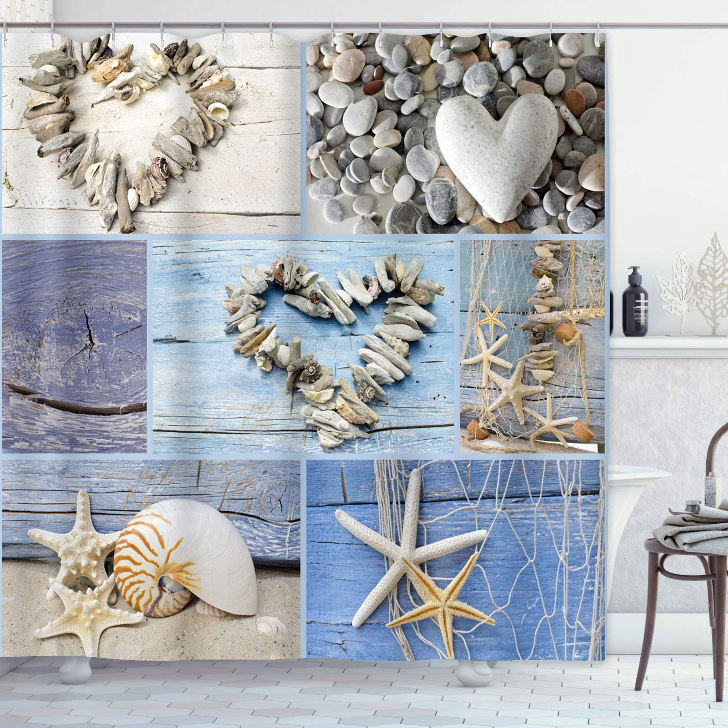 Artsocket Collage Hearts Seashells Shower Curtain - Coastal Bathroom Decor - Image 2
