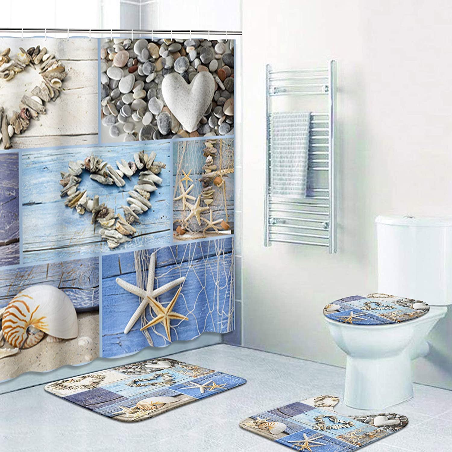 Artsocket Collage Hearts Seashells Shower Curtain - Coastal Bathroom Decor - Image 3
