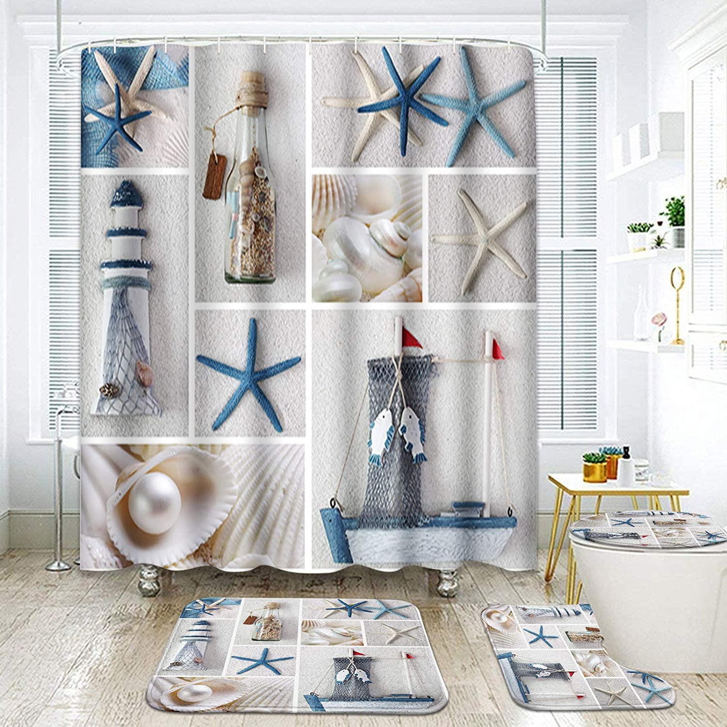 Artsocket Nautical Lighthouse Beach Shower Curtain - Oceanic Bathroom Accessory