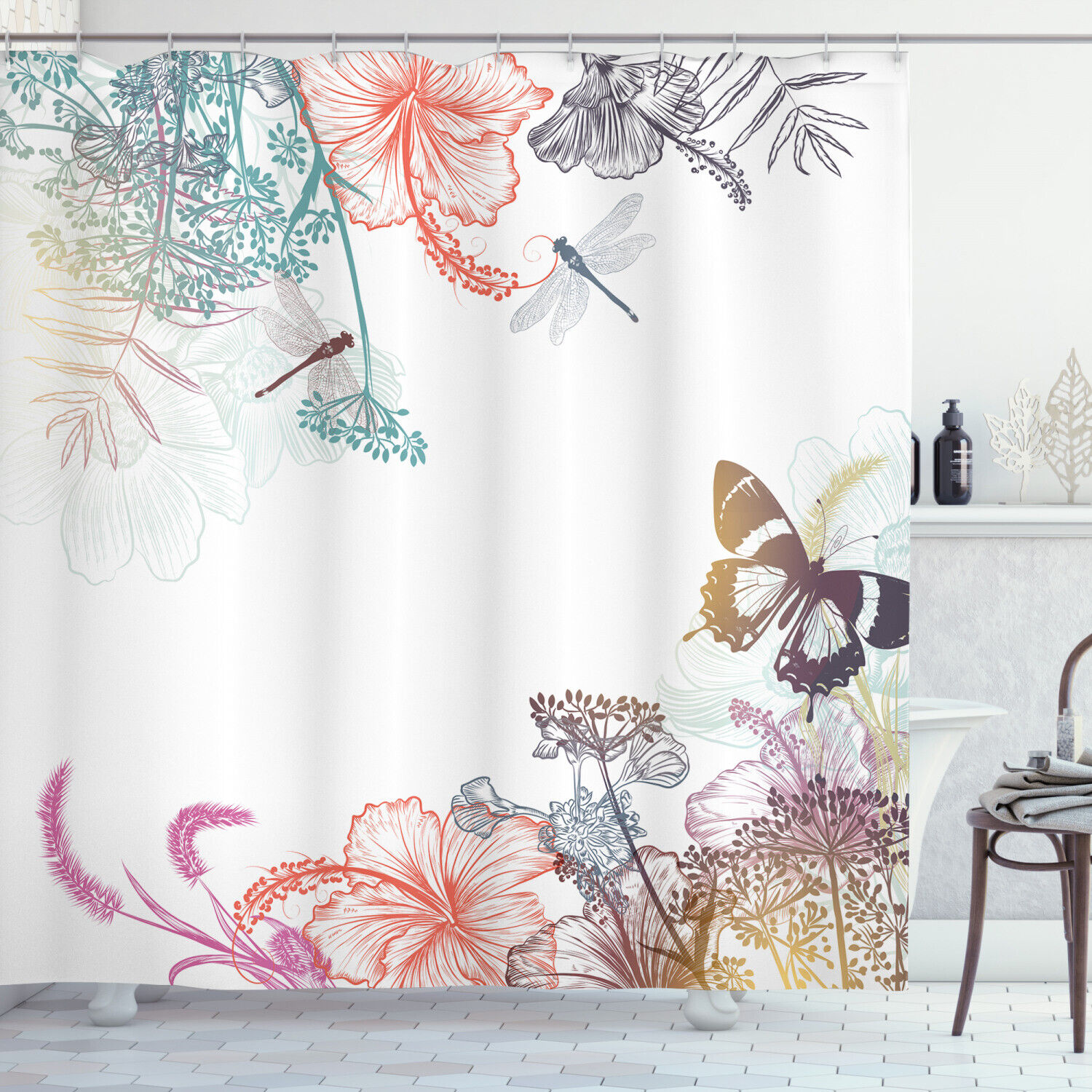 Artsy Flowers Herbs Dragonfly Shower Curtain For Your Creative Bath