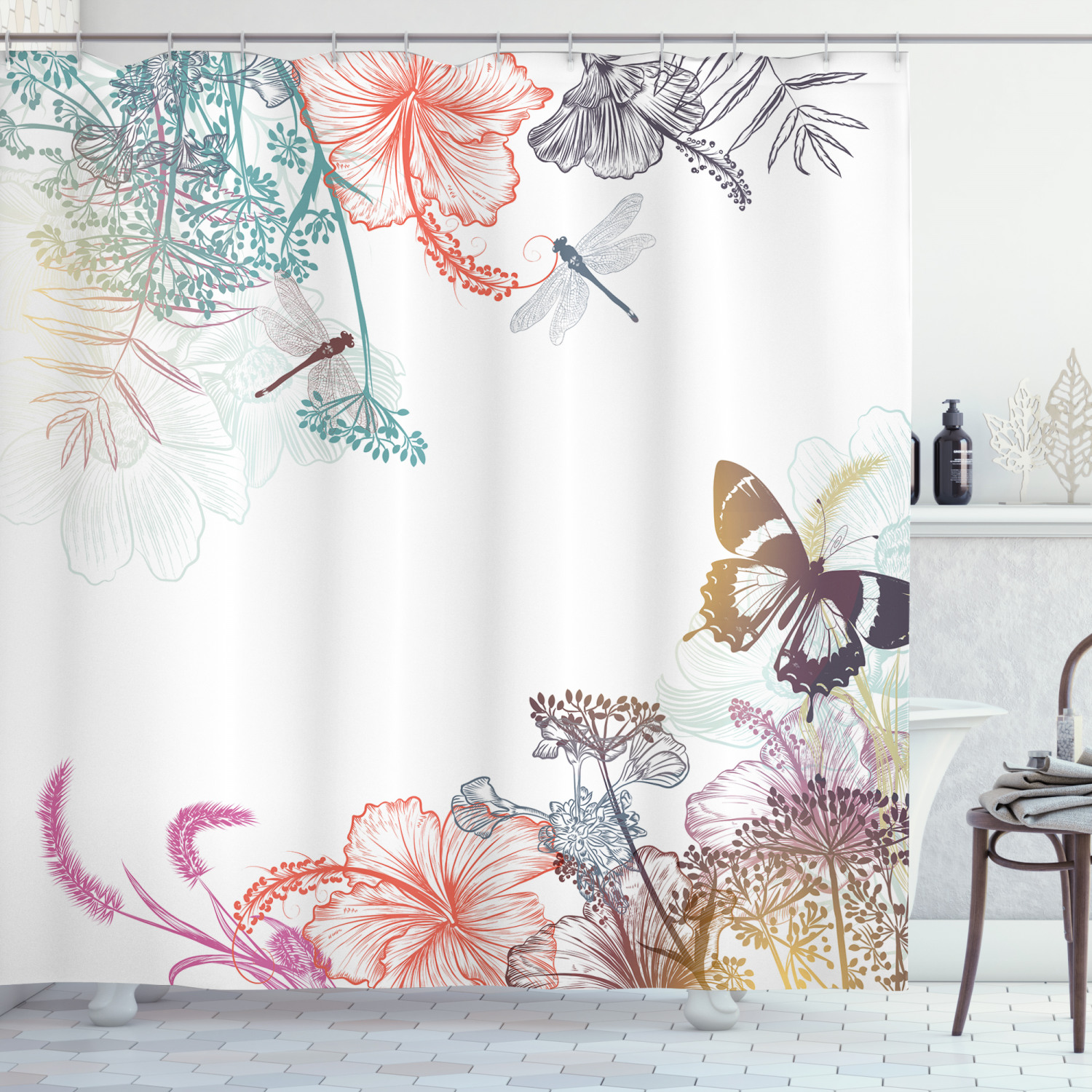 Artsy Flowers Herbs Dragonfly Shower Curtain For Your Creative Bath - Image 3