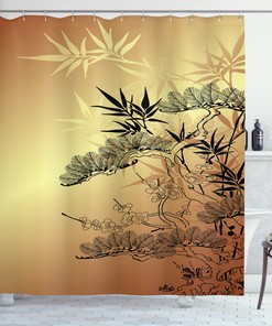 Asian Bamboo Motifs Japanese Shower Curtain for Bathroom Decor