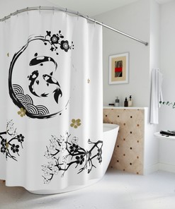 Asian Bathroom Decor with Koi Ying Yang Curtain, Elegant Black and Gold Koi Design