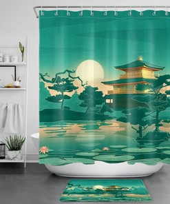 Asian Buddhist Temple Moon Night Lotus Lake Fabric Shower Curtain