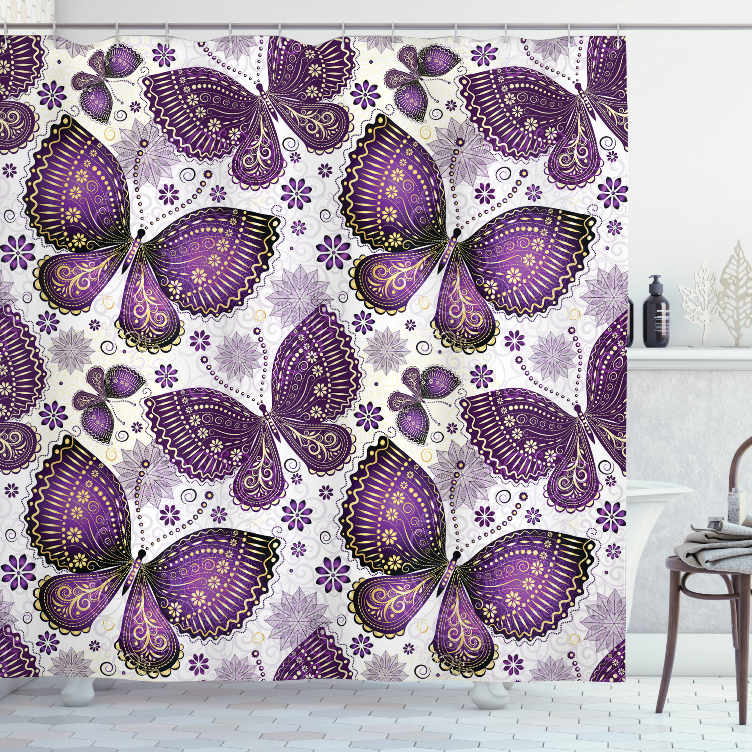 Asian Butterfly Print Shower Curtain for a Classic and Elegant Bathroom Look
