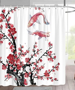 Asian Cherry Blossom Shower Curtain with Japanese Red Floral Ink Flowers for Oriental Bathroom 