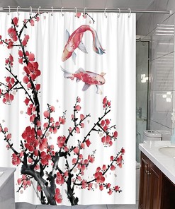 Asian Cherry Blossom Shower Curtain with Japanese Red Floral Ink Flowers for Oriental Bathroom