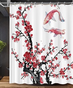 Asian Cherry Blossom Shower Curtain with Japanese Red Floral Ink Flowers for Oriental Bathroom 
