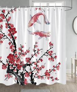 Asian Cherry Blossom Shower Curtain with Japanese Red Floral Ink Flowers for Oriental Bathroom 