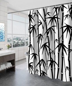 Asian Design Bamboo Print Shower Curtain with Plant Bathroom Decor 
