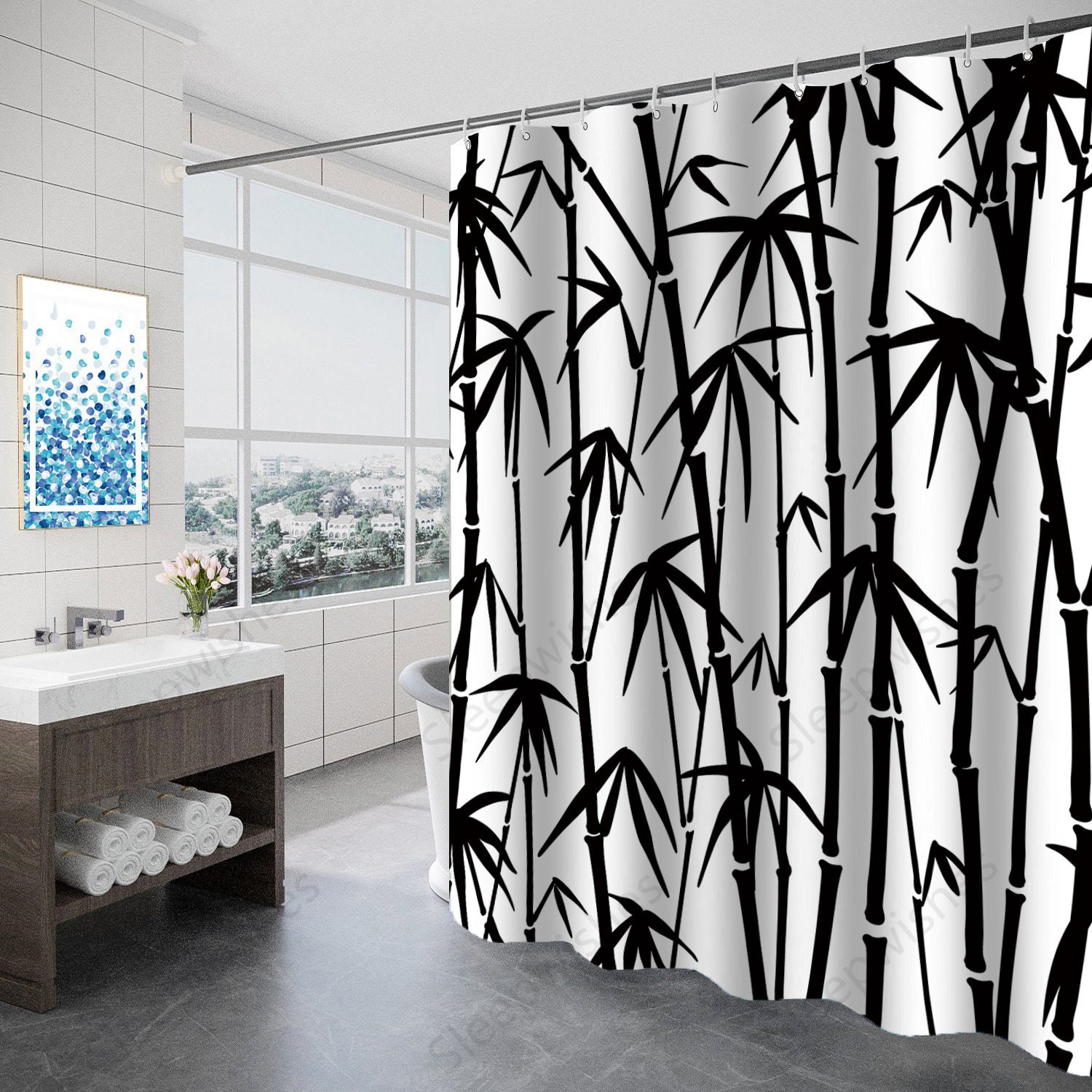 Asian Design Bamboo Print Shower Curtain with Plant Bathroom Decor