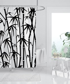 Asian Design Bamboo Print Shower Curtain with Plant Bathroom Decor