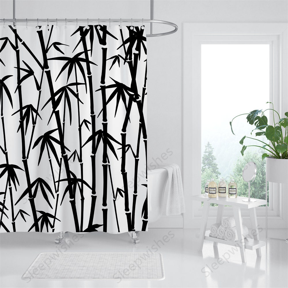 Asian Design Bamboo Print Shower Curtain with Plant Bathroom Decor