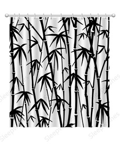 Asian Design Bamboo Print Shower Curtain with Plant Bathroom Decor