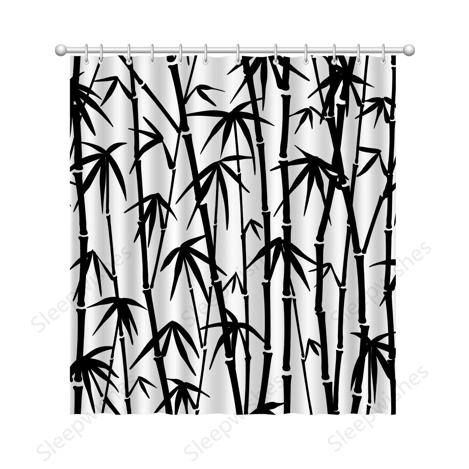 Asian Design Bamboo Print Shower Curtain with Plant Bathroom Decor