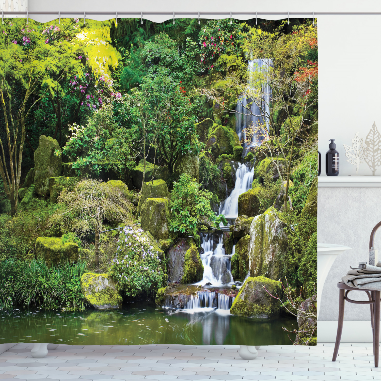 Asian Foliage Rock Garden Print Shower Curtain - Elegant And Decorative Fabric Curtain For Your Bathroom