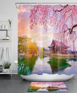 Asian Garden Sakura Blossoms Lakeside Fabric Shower Curtain