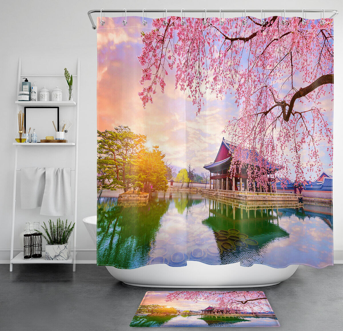 Asian Garden Sakura Blossoms Lakeside Fabric Shower Curtain