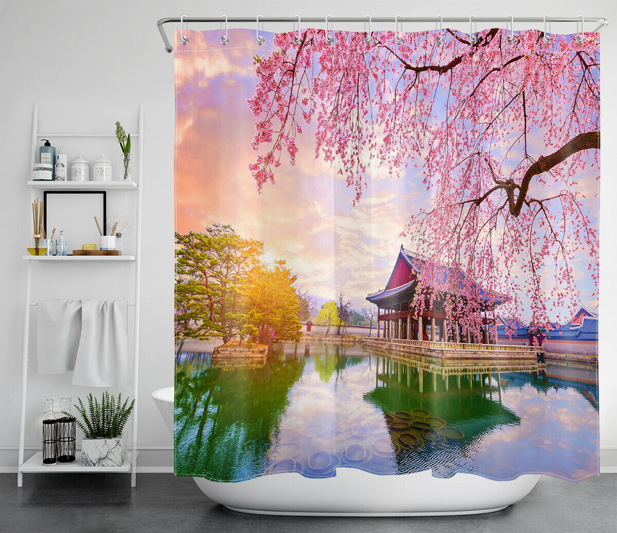 Asian Garden Sakura Blossoms Lakeside Fabric Shower Curtain - Image 2