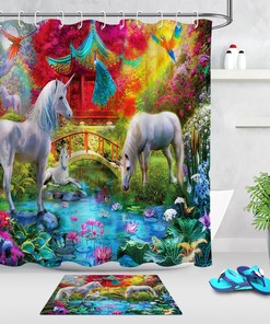 Asian Garden Unicorn Peacock Lotus Shower Curtain - A Serene Addition To Your Bathroom