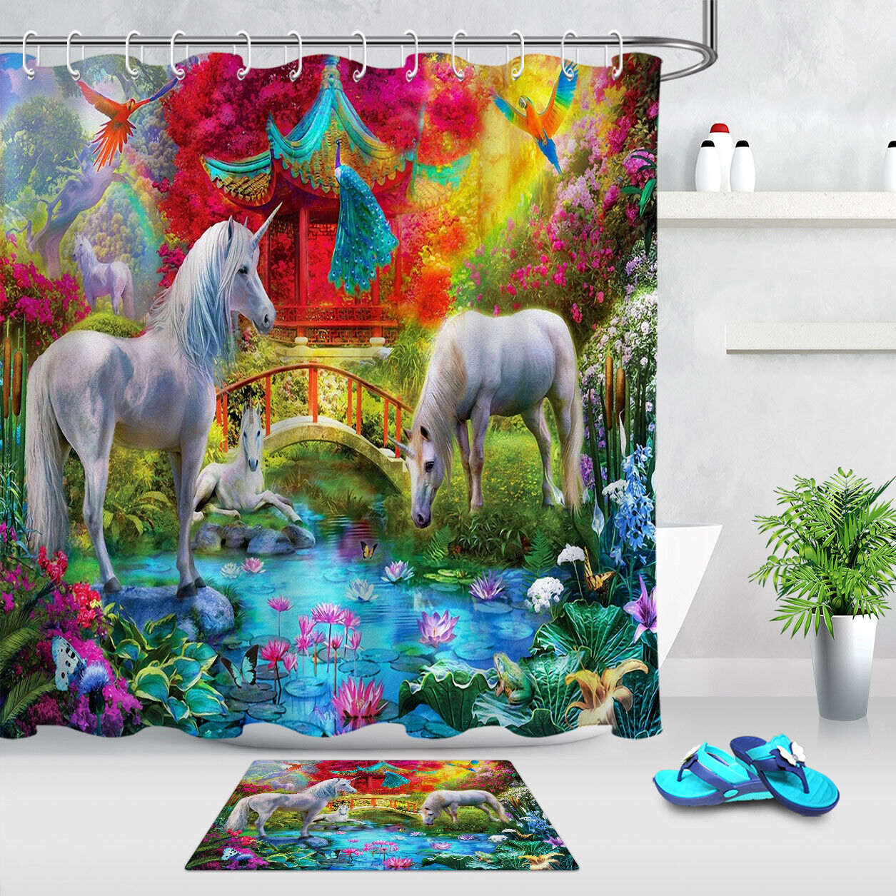 Asian Garden Unicorn Peacock Lotus Shower Curtain - A Serene Addition To Your Bathroom