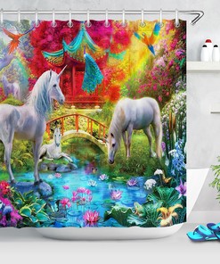 Asian Garden Unicorn Peacock Lotus Shower Curtain - A Serene Addition To Your Bathroom