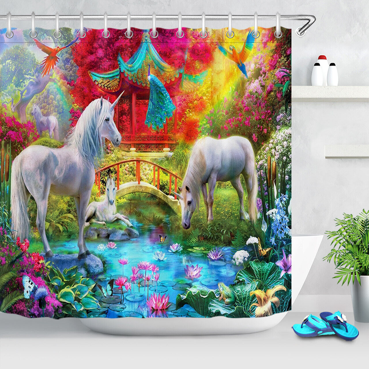 Asian Garden Unicorn Peacock Lotus Shower Curtain - A Serene Addition To Your Bathroom